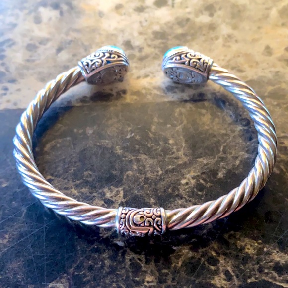 Samuel B. Sterling Silver 18K Gold with Turquoise Stones Hinged Cuff Bracelet - Picture 2 of 9